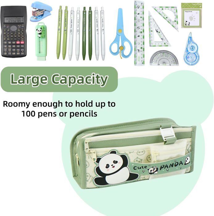Estuche para lápices de panda, estuche para lápices kawaii, estuche para lápices de gran capacidad, estuche para lápices escolar, estuche para lápices con múltiples compartimentos, estuche para lápices verde