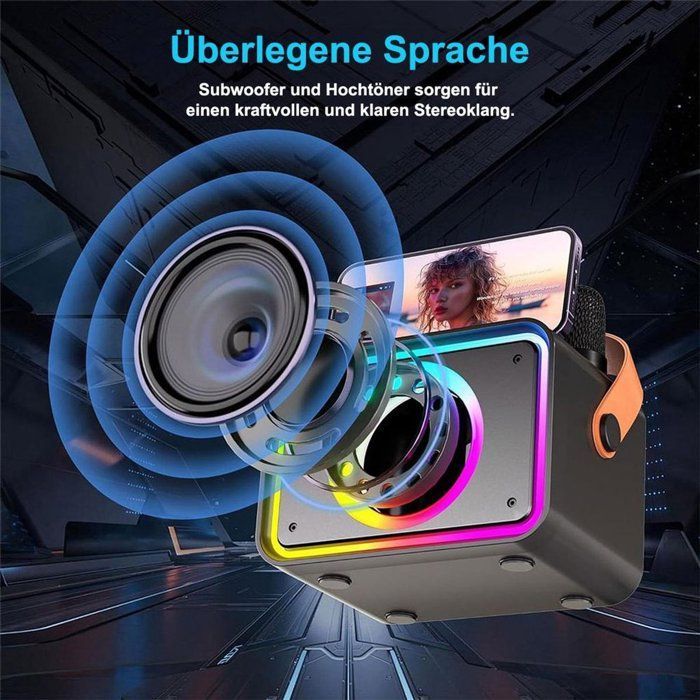 Un kit karaoké complet, comprenant deux microphones karaoké, un boîtier karaoké portable et un système d'enceintes Bluetooth, idéal