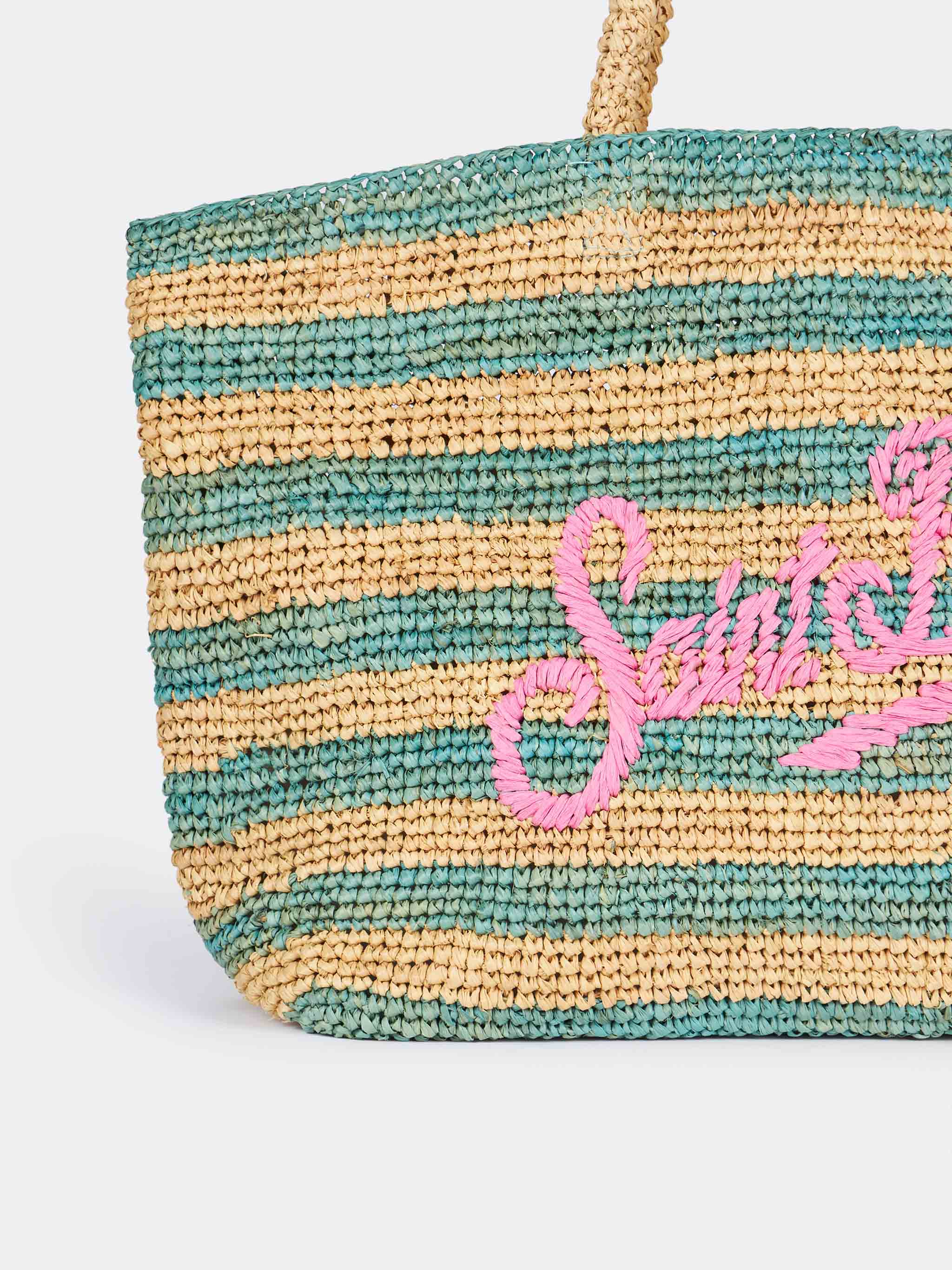 Raffia strandtas met turquoise gestreepte print en geborduurd Saint Barth-logo - Afneembaar katoenen etui | MC2 Saint Barth