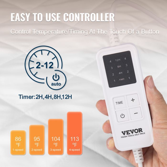 Cubrecolchón calefactable VEVOR - 150x80 cm - Calentador eléctrico de cama de tejido cepillado con 4 niveles de calor - Temporizador de 12 horas