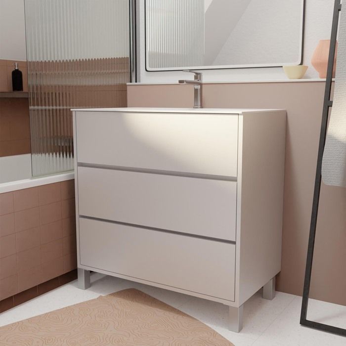 Mueble de baño XENOS de 80 cm, lacado en blanco, con 3 cajones y lavabo de cerámica.