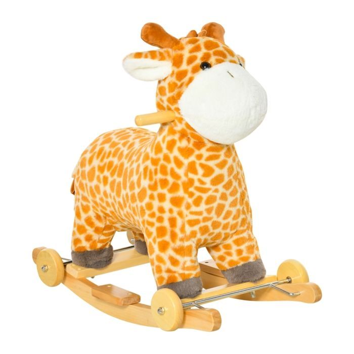 Jouet à bascule 2-en-1 - Girafe - Effet sonore - Avec roues - 63x38x63 cm - Jaune - Peluche douce - Cadre métallique