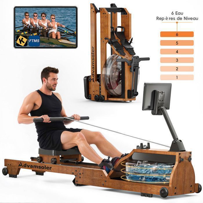 Vogatore ad acqua pieghevole - ADVAMSOLER - HCQ-51-A - Serbatoio da 15 litri - Kinomap Bluetooth - Legno massello di quercia