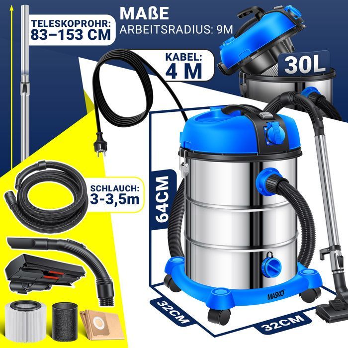 Aspirateur industriel eau et poussière - MASKO - 2300W - Réservoir 30L - Fonction de soufflage - Système Push&Clean