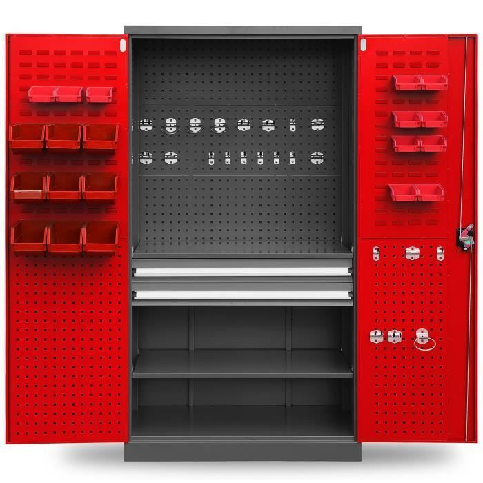 TC02AM Gereedschapskast Werkplaatskast met lades, draaideuren, 3 planken 185 x 92 x 50 cm (Antraciet/Rood)