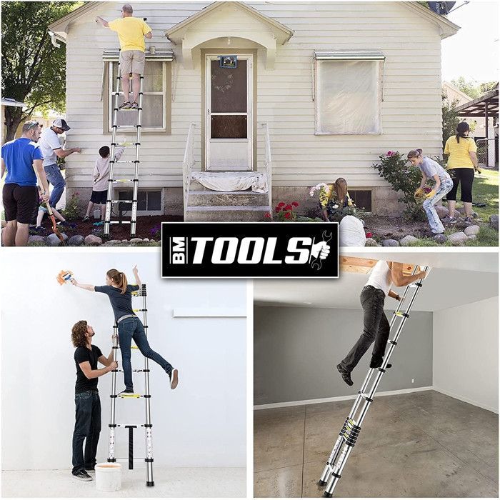 BM TOOLS 2,6 m teleskopisk stige i rustfritt stål, 150 kg lastekapasitet, sammenleggbar, uttrekkbar, enkel rett, multifunksjonell, gjør-det-selv