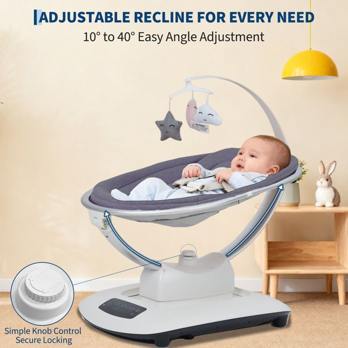 Mecedora eléctrica para bebé con 5 movimientos, velocidad regulable, mando a distancia, reclinable, arnés de 5 puntos y nanas - gris oscuro