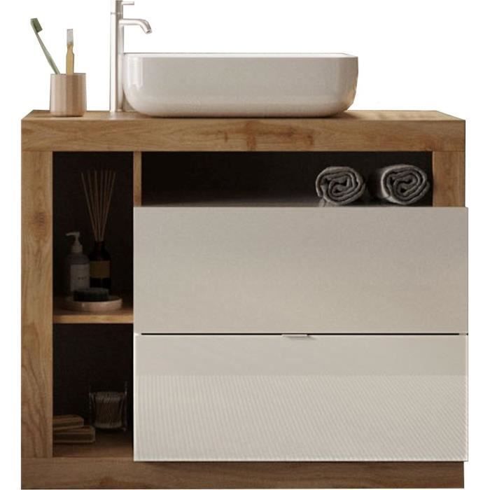 Ensemble meuble Salle de bain 78cm simple vasque + colonne - Coloris chêne clair et laqué blanc - HAMBOURG