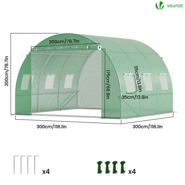 Serre de jardin tunnel - VOUNOT - 9m² Vert - Acier galvanisé - Fenêtre anti-moustiquaire, porte enroulable, barre anti-tempête