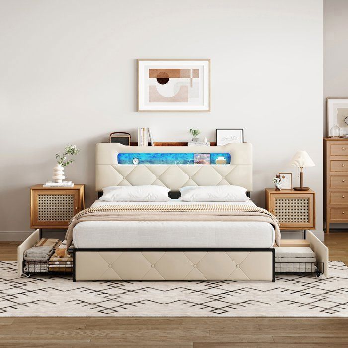 Complete slaapkamerinrichting voor volwassenen, bestaande uit een bedframe van 160x200 cm, een tweepersoonsbed, een opbergbed van 160x200 cm, een LED-bed van 160x200 cm, een USB-poort, opbergruimte, LED-verlichting, 4 lades, fluweel en beige.
