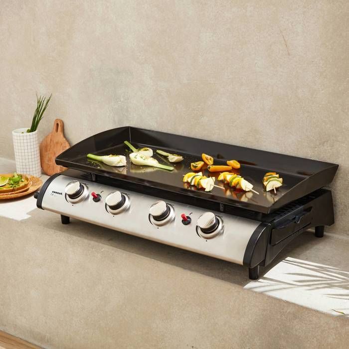 Plancha de gas Porthos de 4 quemadores - 10 kW. Barbacoa. Cocina exterior. Placa esmaltada grande. Acero inoxidable.