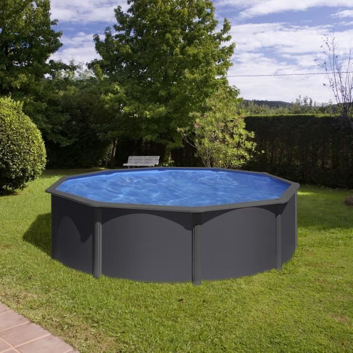 GRE - Kit de piscina redonda acima do solo em aço cinza antracite - Ø480 x A122 (Fornecido com filtro de areia + escada)