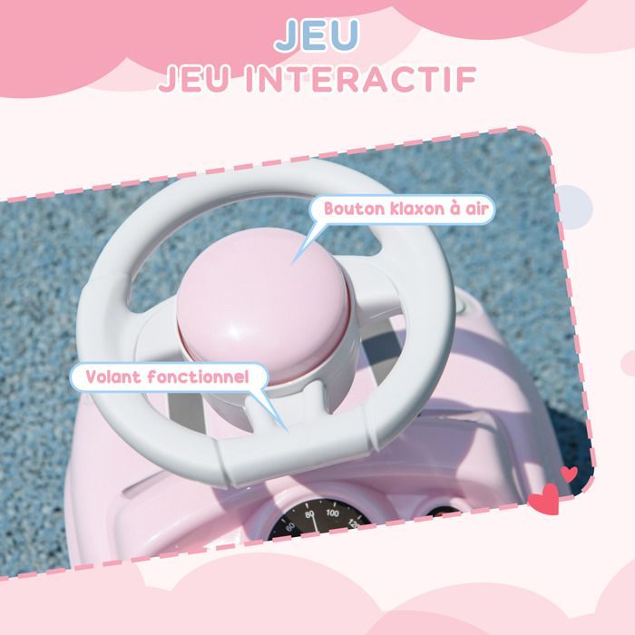 Coche de juguete para niños de 18 a 36 meses con volante, claxon y sistema antivuelco. Capacidad de carga de 25 kg. 53 x 25 x 35 cm. Rosa.