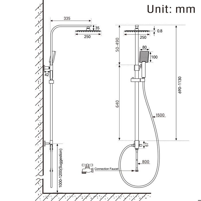 Columna de ducha de acero inoxidable negro con 2 funciones, conjunto de ducha con cabezal de ducha de 10 pulgadas, altura ajustable de 69 a 113 cm.