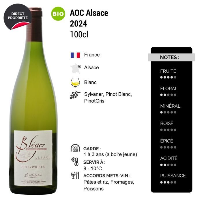 Domaine Claude et Christophe Bléger Alsace Edelzwicker Le Séducteur 2024 - Vino bianco d'Alsazia (6 x 100cl) biologico