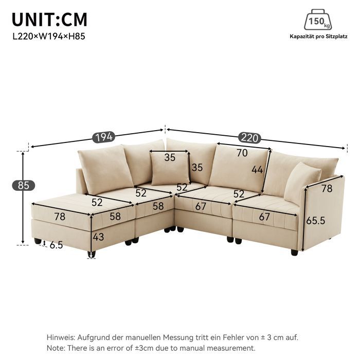 Canapé d'angle moderne, canapé cinq places avec pouf convertible, design modulable, coton et lin,convient aux salons et appartements