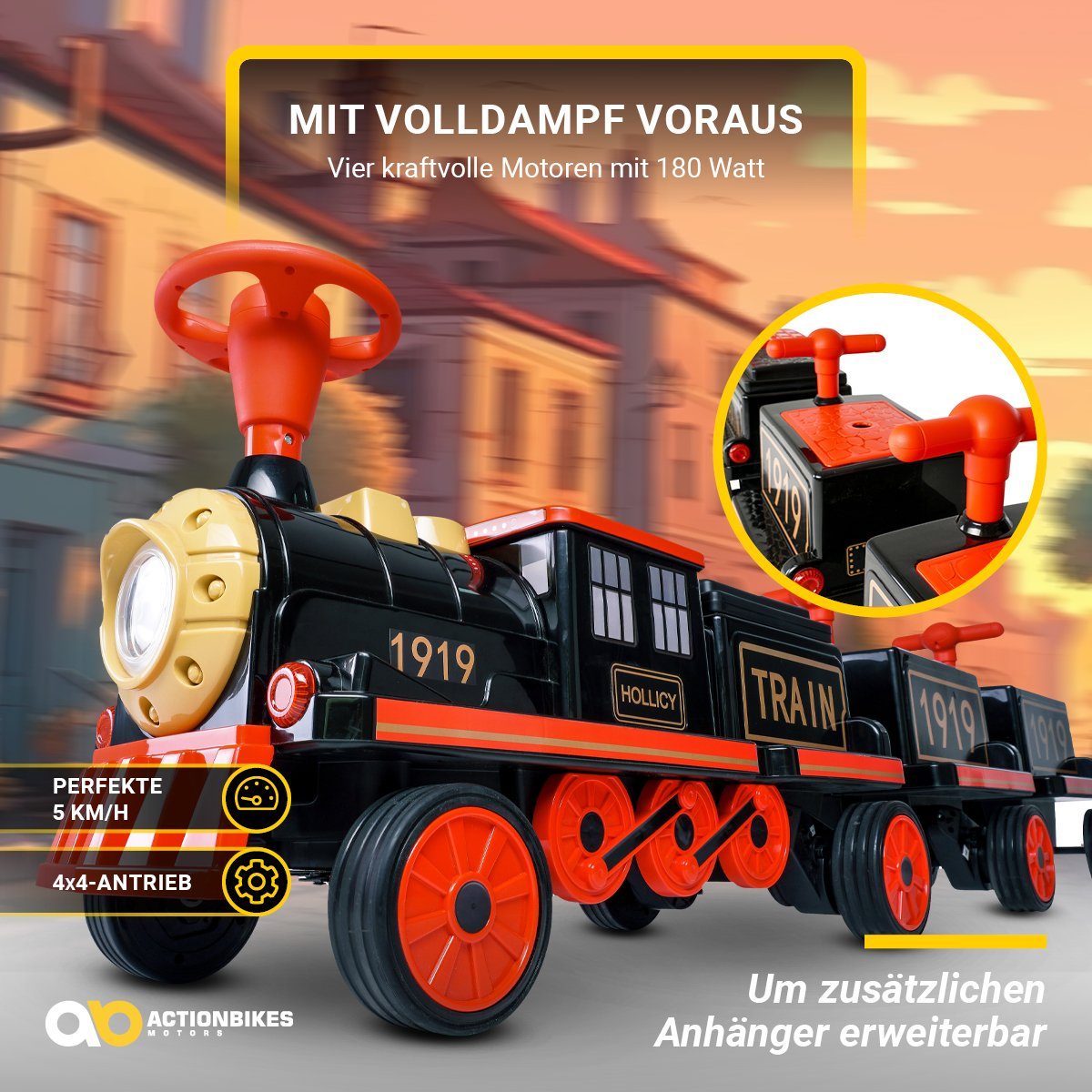 Actionbikes Motors elektrisches Kinderauto, elektrische Kindereisenbahn mit Anhänger, Tragfähigkeit 60 kg, (2 Stück), 3 Sitze - Hupe und Musik - Sanftanlauf - 2 x 12 V Motoren