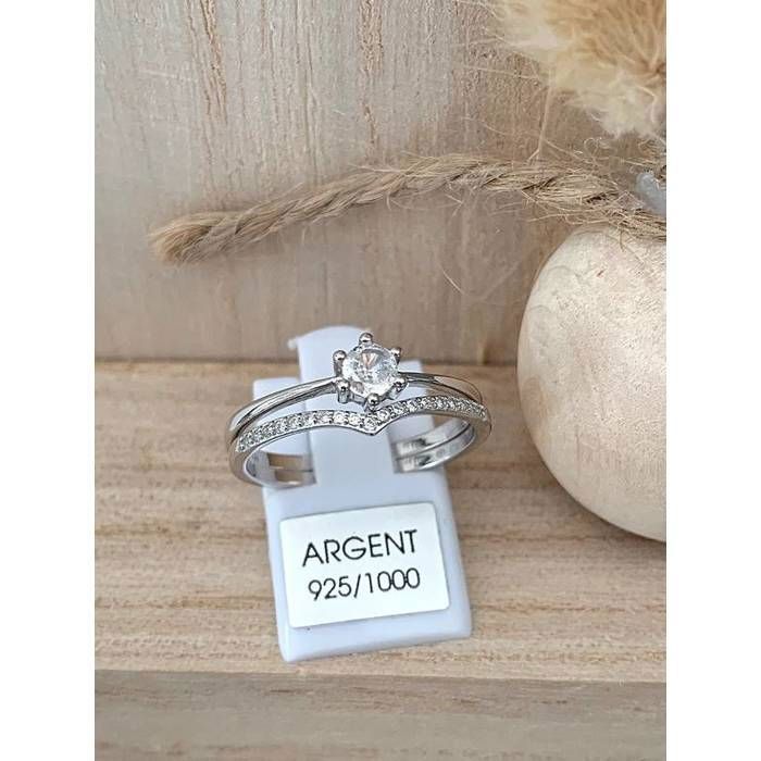 Bague Solitaire - BIJOUXIA - Double Anneaux - Argent Massif 925 - Cristal Oxyde de Zirconium - T 50 à 60