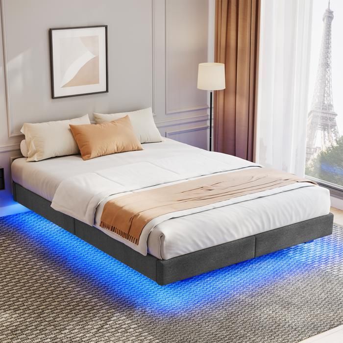 HavenlyHome 180x200 cm Bed, Linen Bed with RGB LED Lights, Slatted Base, Hidden Legs, Adult Bed for 2 People, Grey