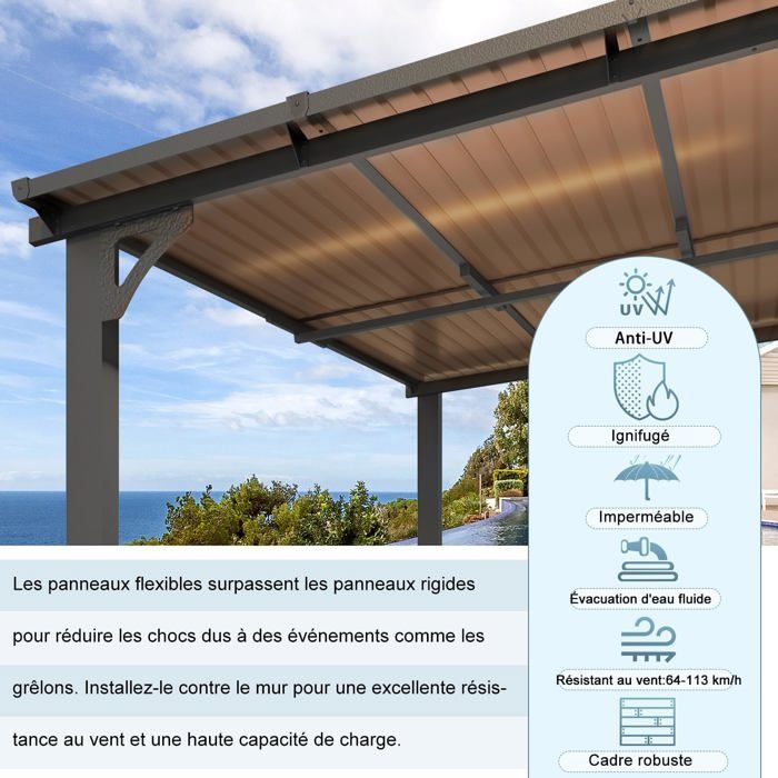 Pérgola mural YODOLLA de aluminio y policarbonato - Resistente a la intemperie - 3x3,65 m - Negra