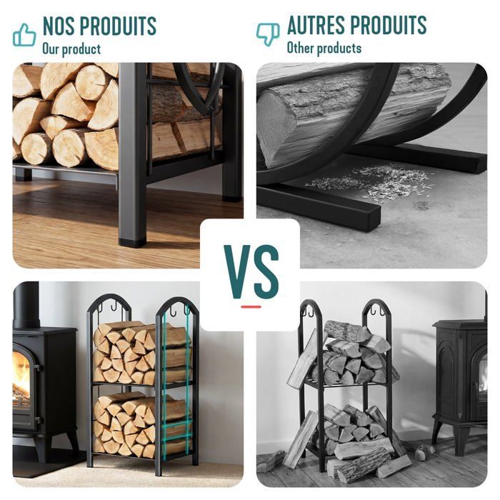 Soporte metálico para leña VOUNOT® para chimenea - Estante para almacenar leña con 4 herramientas incluidas - Negro
