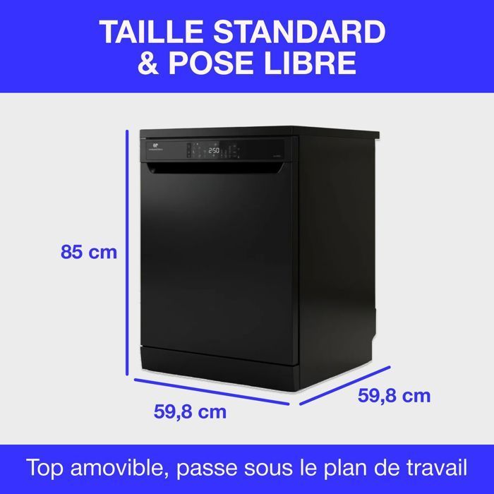 Lave-vaisselle pose libre CONTINENTAL EDISON - 15 couverts - Largeur 59,8 cm - Classe D - moteur induction - 39 dB - Noir