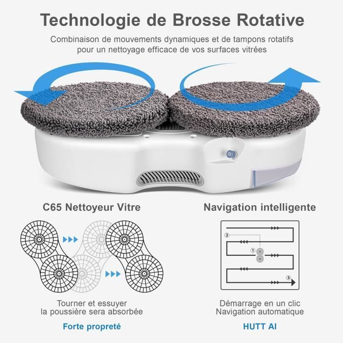 HUTT C65 Robot Nettoyeur Vitre avec Réservoir d'eau 80ML, Gicler l'eau Automatique, Télécommandé, 10 Chiffons
