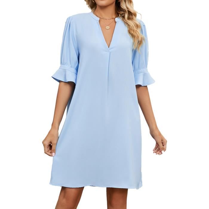 Damen-Freizeitkleid mit V-Ausschnitt und kurzen Ärmeln, einfarbig – Blau