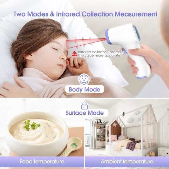 Thermomètre Frontal Digital Sans Contact Infrarouge, Mesure Frontale, Lecture Code Couleur, LCD, Alerte Fièvre, Fonction Mémoire