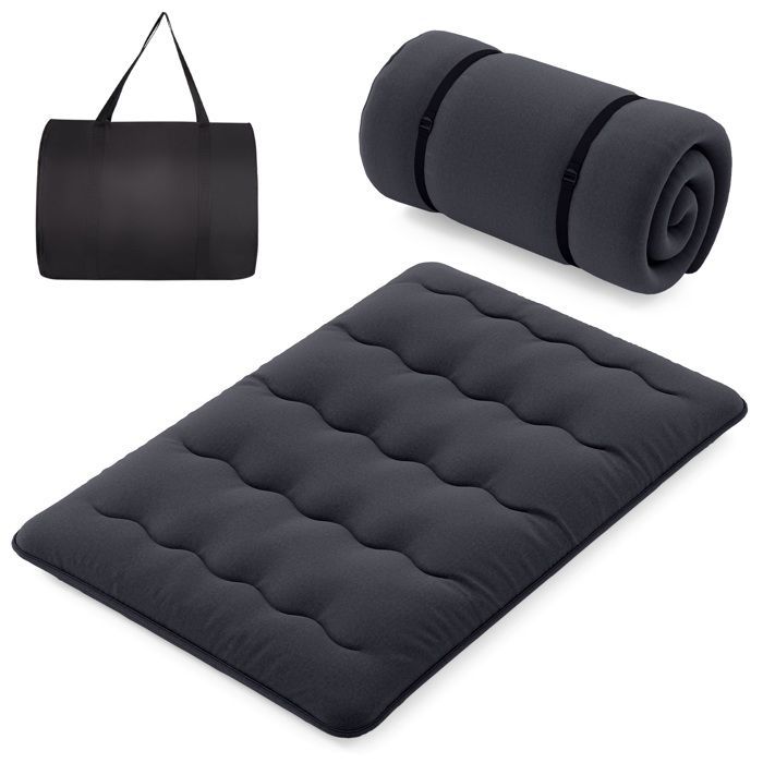 Colchón futón COSTWAY de 140 x 200 cm, con sobrecolchón extraíble y lavable, colchón portátil para suelo con bolsa de transporte para camping, color negro.
