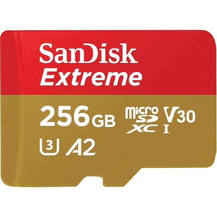 Scheda di memoria microSDXC SanDisk Extreme da 256 GB + adattatore SD con prestazioni app A2 fino a 190 MB/s/130 MB/s, C