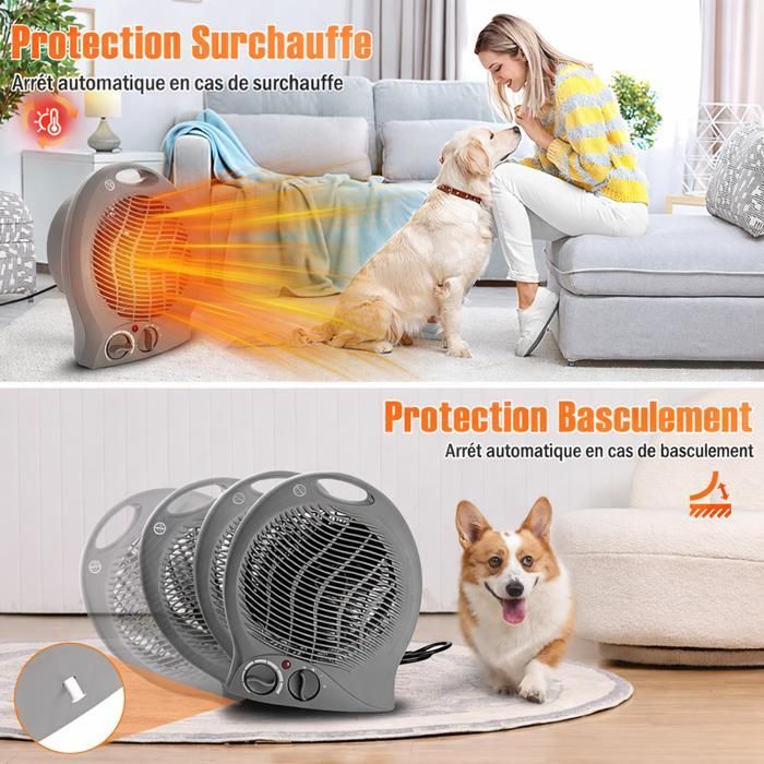 Calefactor auxiliar de 2000 W, calefactor portátil con ventilador y 2 niveles de potencia (1000/2000 W), sistema de seguridad antivuelco.
