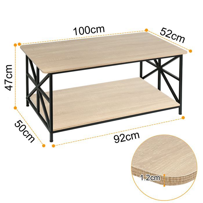 Mini table basse, table basse à double rangement, table de loisirs, 100*52*47,5 cm, marron clair + structure noire.