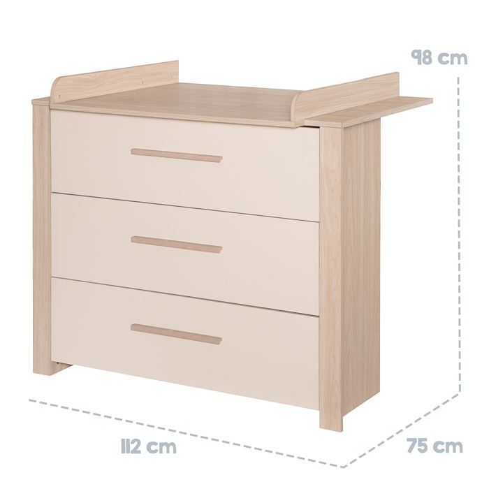 ROBA Momo Convertible Changing Table - 3 Soft-Close Drawers - Removable Changing Extension - Cashmere - Tristan Oak