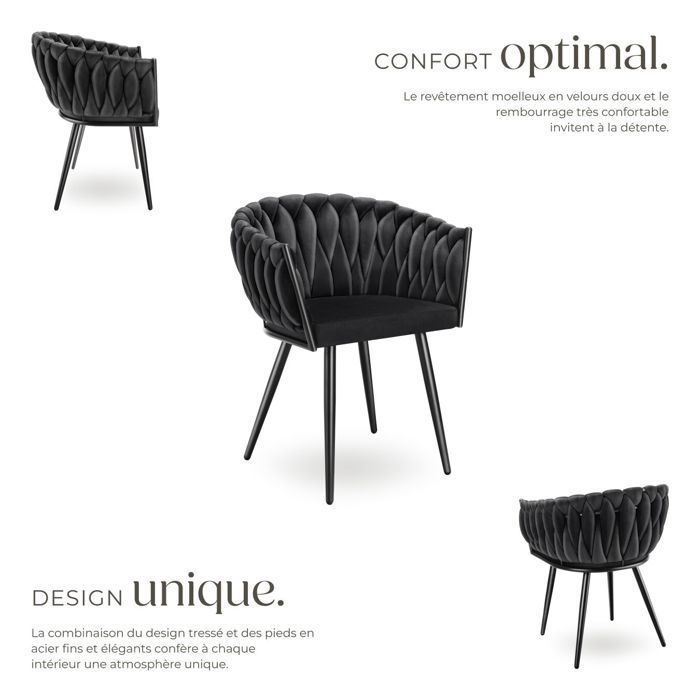 Chairs - TECTAKE - Set of 4 ASTANO dining chairs in knotted designer velvet with slim steel legs - Black