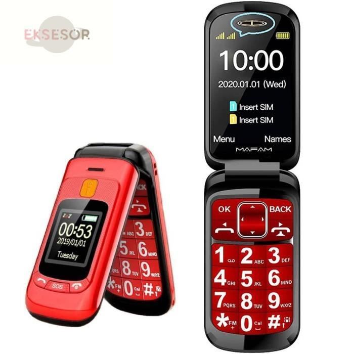 Seniorentelefoon voor ouderen, dubbel LCD-scherm met grote knoppen | SOS-knop - Rood