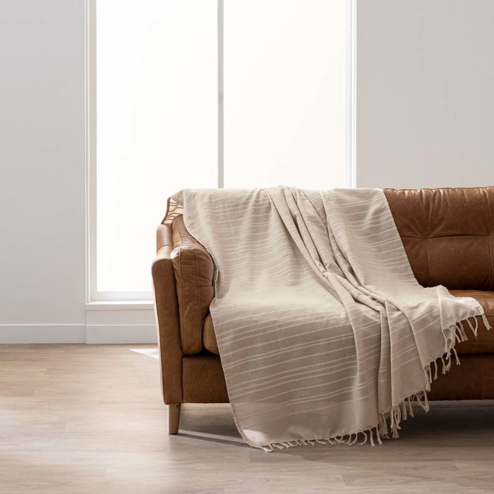 Plaid LILIA 240 x 260 cm - 100% coton - Beige avec franges