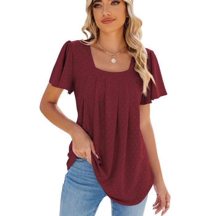 Camiseta de mujer - INSFITY - Verano - Manga corta - Cuello cuadrado - Burdeos