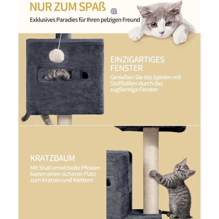 Arbre à Chat,Tour de Jeux 98 cm, Meubles de Maison pour Chats avec 2 Niches, Grande Plate-Forme, Sisal Griffoir, Hamac, Gris Foncé