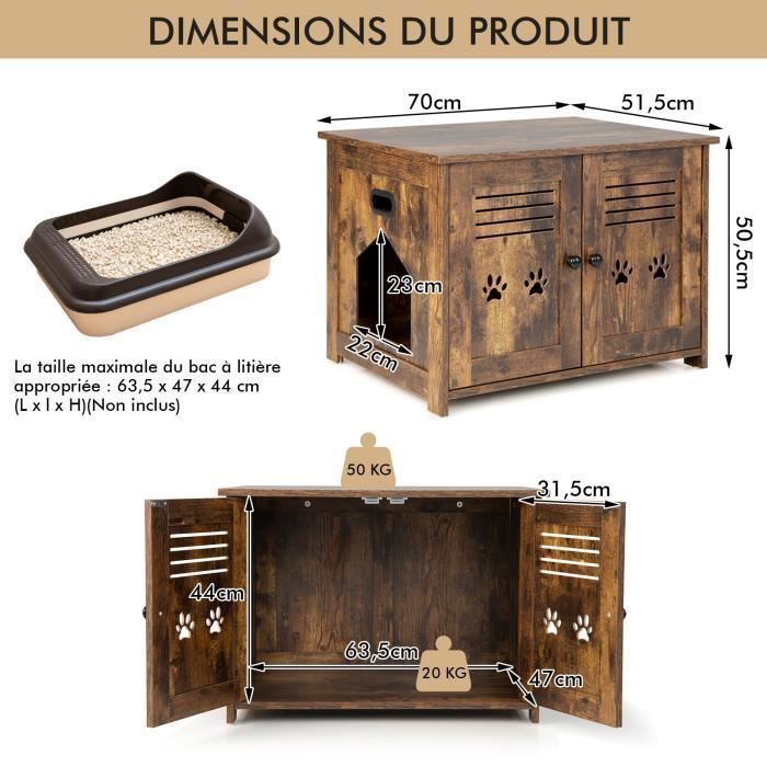 Arenero de madera para gatos COSTWAY con doble puerta, 70 x 51,5 x 50,5 cm, mueble/bandeja de arena con entrada lateral