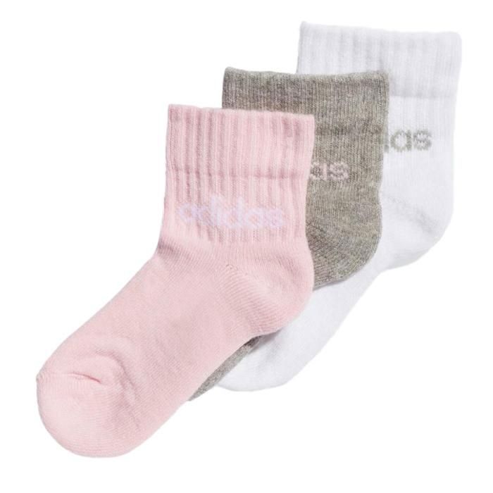 pares de calcetines Adidas para niñas en blanco, rosa y gris.