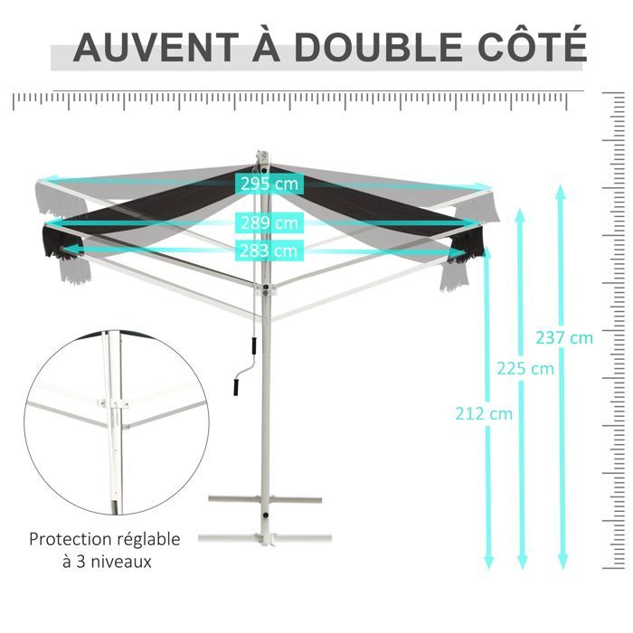 Store Double Pente 4 x 3 m Manuel rétractable Inclinaison réglable métal époxy Blanc Polyester imperméabilisé Anti-UV Gris