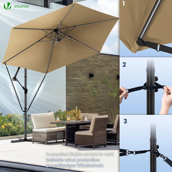 Sombrilla voladiza VOUNOT® con correa de fijación 3M, color caqui - Rotación de 360° - Inclinación ajustable - Funda protectora