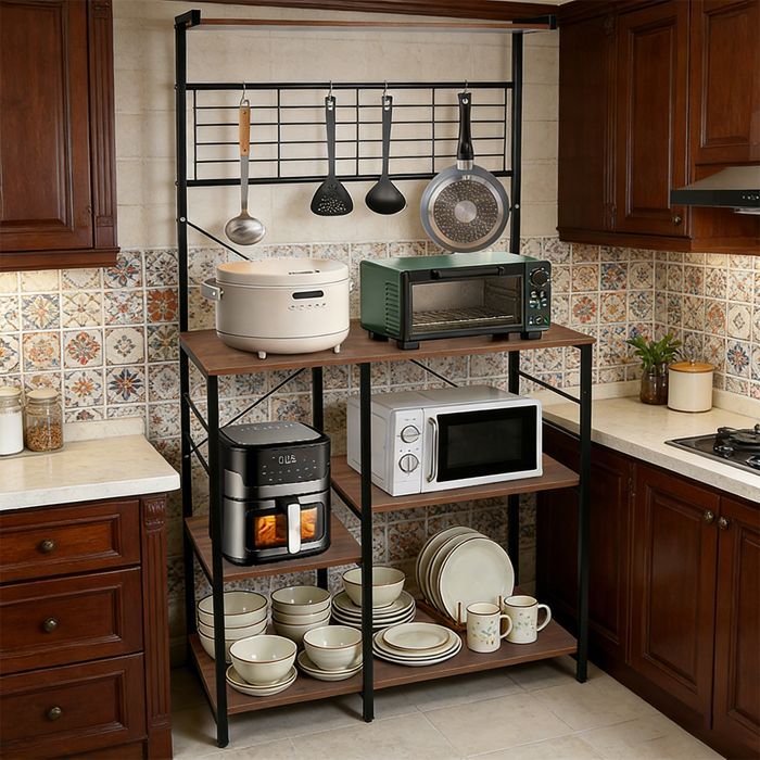 Scaffale da cucina a più livelli con ganci - YIYI - 90*40*168 cm - Marrone + Bianco