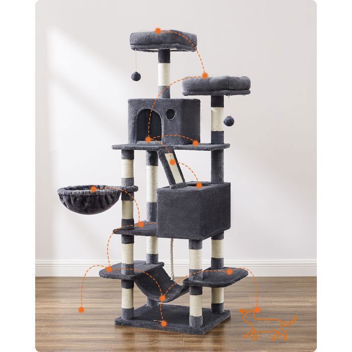 FEANDREA Cat Tree, Large Play Tower, 168cm High, 13 Scratching Posts, 1 Scratching Board, 2 Platforms, 2 Caves, Dark Grey