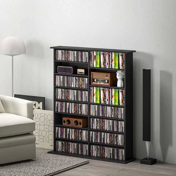 Rangements pour CD et DVD - HOMCOM - 16 compartiments et 12 étagères réglables - capacité max. 720 CD/396 DVD et Blu-ray - noir