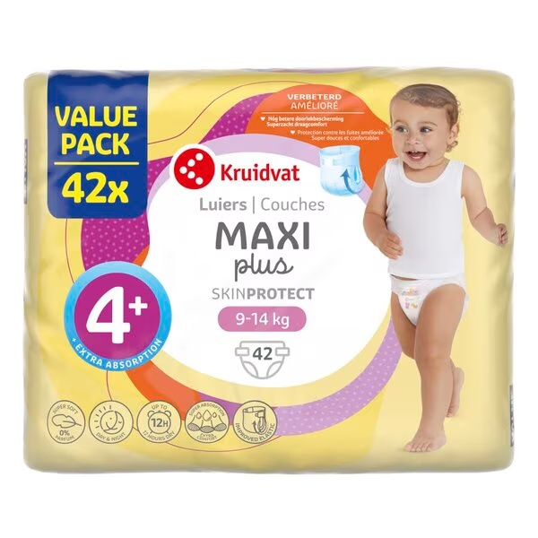 Výhodné balenie plienok Kruidvat 4+ Maxi Plus<br>veľkosť 4+ (9-15 kg), 42 kusov
