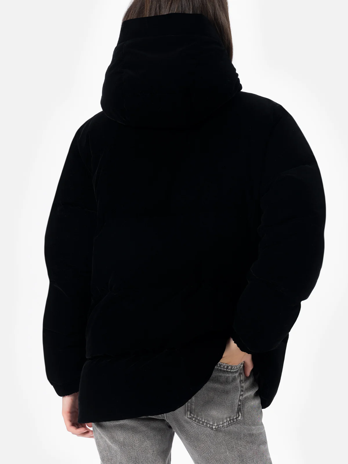 Chaqueta acolchada con capucha de terciopelo negro para mujer