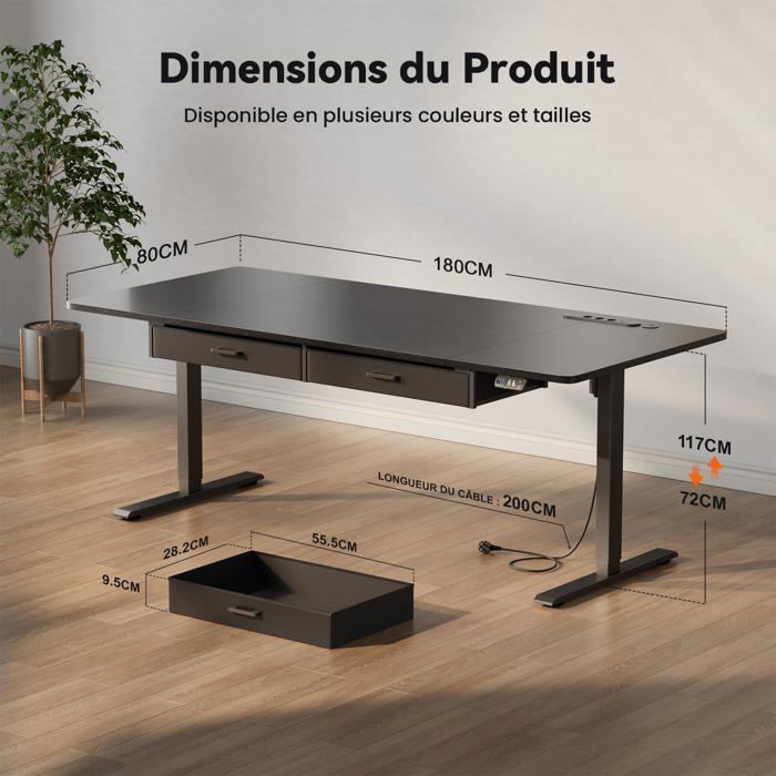 HLONONE Bureau Électrique Debout et Assis, 180 x 80 cm, avec Prise de Courant Intégrée, 2 Tiroirs Amovibles, Port USB-C, Noir