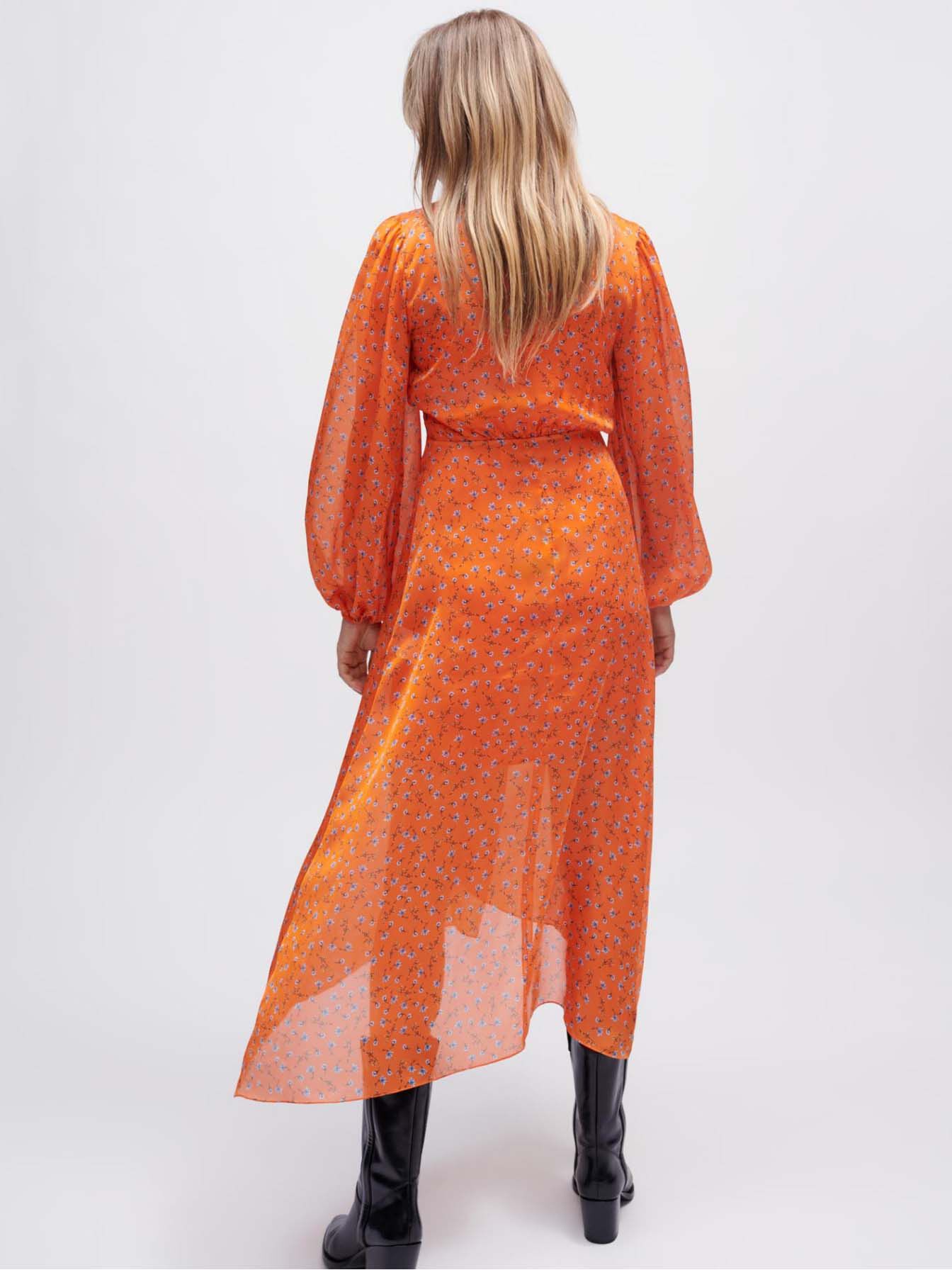 Satijnen jurk met bloemenprint - Oranje